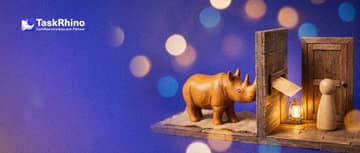 A small wooden rhino stands inside a small wooden wall holding a paper form card at a mail slot; outside, a wooden peg visitor waits at a door with no handle.