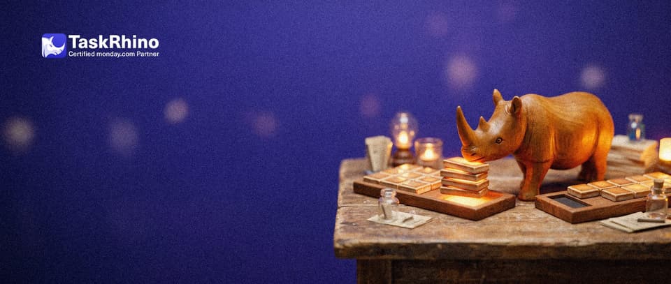 A small wooden rhino carries one column of glowing tiles from one small tile board to the matching empty slot on another.