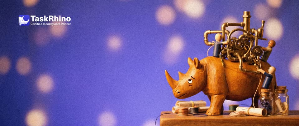 A small wooden rhino looks up, overwhelmed, at a huge tangled brass machine of pipes and gears with tiny wooden peg engineers climbing it.