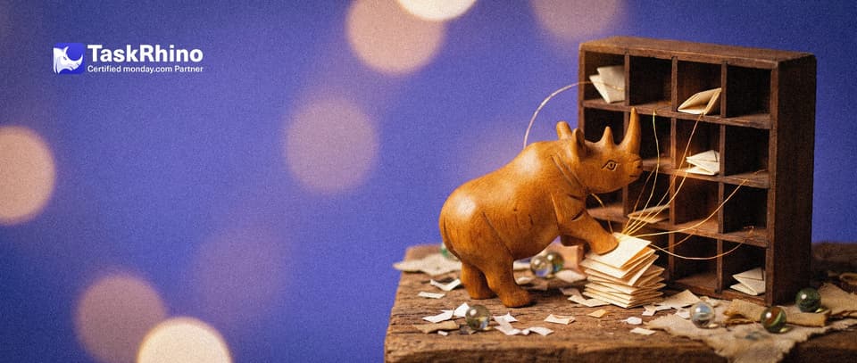 A small wooden rhino drops copies of a letter into some pigeonholes of a tiny wooden post-office sorting rack while golden threads point to which ones.