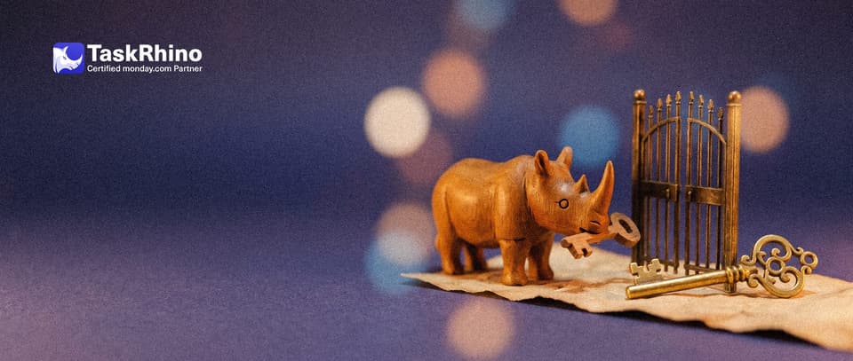 A small wooden rhino opens a small brass gate on a paper path with a simple hand-carved wooden key, ignoring a big ornate golden key nearby.