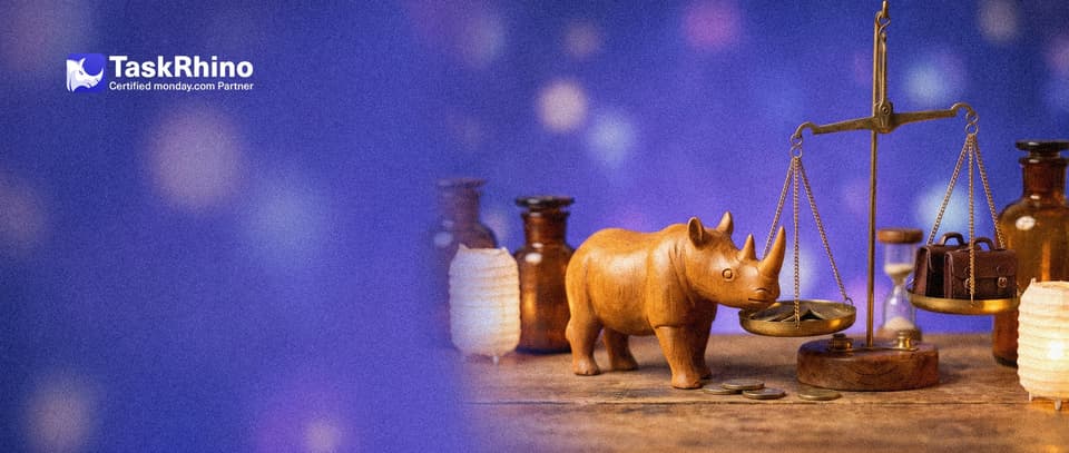 A small wooden rhino sets brass coins on one pan of a balance scale against small leather briefcases and an hourglass on the other.