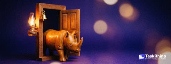 A small wooden rhino stands welcoming at an open little wooden door with a warm lamp and a brass bell.