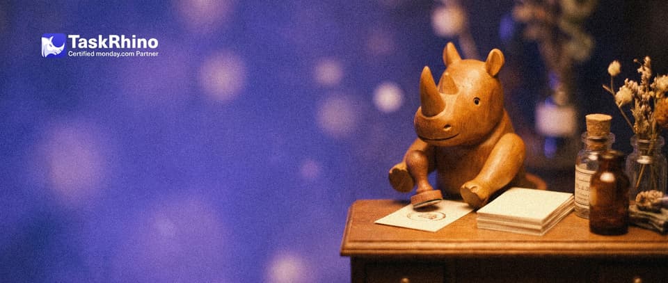 A small wooden rhino stamps a fresh paper form card at a tiny desk beside a neat stack of blank ones.