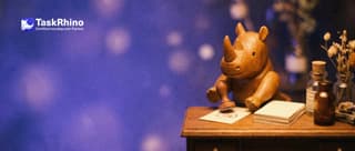 A small wooden rhino stamps a fresh paper form card at a tiny desk beside a neat stack of blank ones.