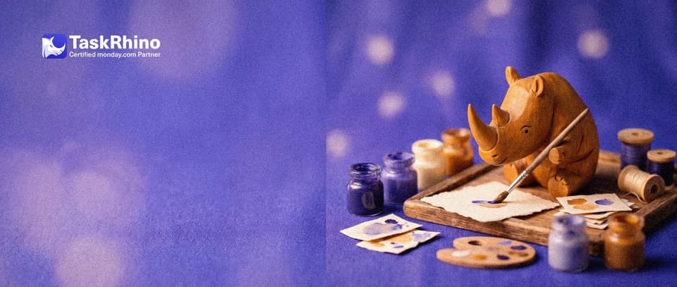 A small wooden rhino paints a paper form card in custom colours with a small brush, little paint pots around it.