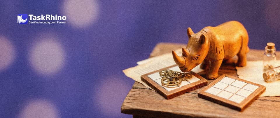 A small wooden rhino compares two identical tile boards: the original has small clockwork gears attached and turning, the copy has none.