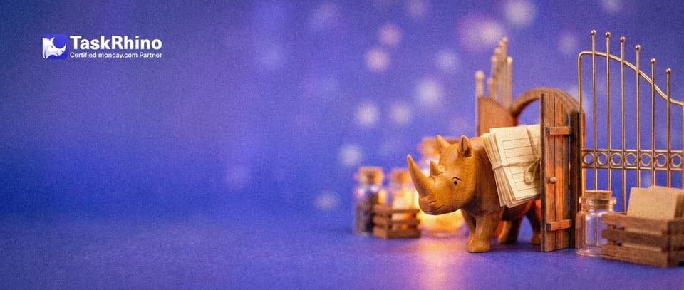 A small wooden rhino walks through a small side door beside a big ornate golden gate, carrying a stack of paper form cards.