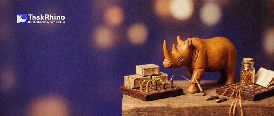 A small wooden rhino holds a loose brass plug: the original tile board is plugged into small boxes by golden threads, its copy beside it has its plugs dangling.