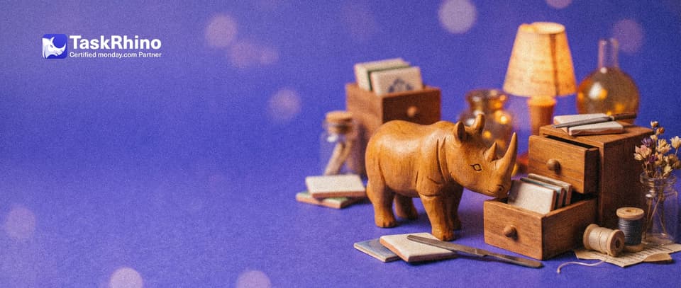 A small wooden rhino files a mini tile board into one of several nested small wooden drawers that each hold boards.