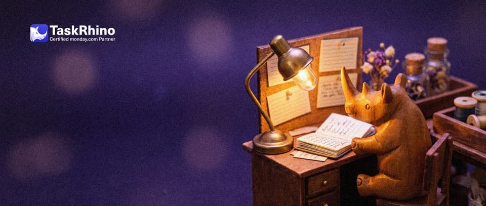 A small wooden rhino sits alone at a tiny wooden desk under a small glowing desk lamp, with one neat notebook and a few index cards pinned up.