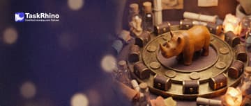 A small wooden rhino stands in the middle of a circular golden track where brass coins roll round and round, ten tiny tool chests along the edge.
