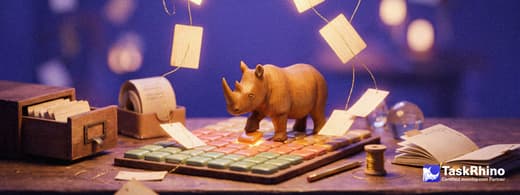 A small wooden rhino at a workbench places a glowing tile into a tidy board while records drift in on golden threads from an old card drawer.