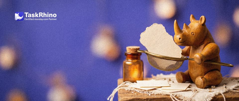 A small wooden rhino lifts a misshapen paper form card out of a little brass sieve that lets only the neat cards fall through.
