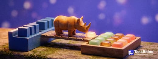 A small wooden rhino carries items from a blue wooden ticket rack holding small blue blocks into a tidy board of coloured tiles, nothing dropped on the way.
