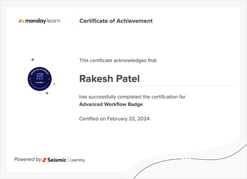 monday.com certificate of achievement: Advanced Workflow Badge, awarded to Rakesh Patel, certified on February 22, 2024