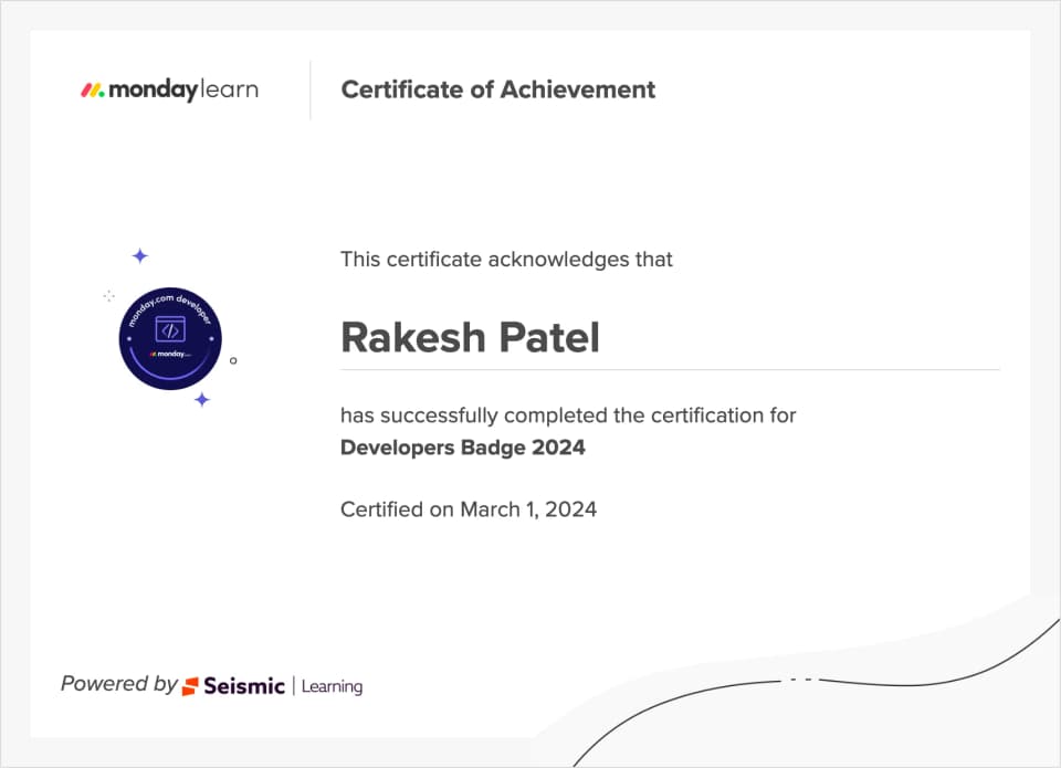 monday.com certificate of achievement: Developers Badge 2024, awarded to Rakesh Patel, certified on March 1, 2024