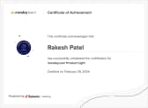 monday.com certificate of achievement: monday.com Product Light, awarded to Rakesh Patel, certified on February 29, 2024