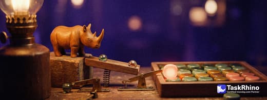 A small wooden rhino watches a chain of brass levers and marbles set each other off, ending in a lit tile.
