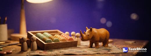 A small wooden rhino stands beside a tidy board of coloured tiles with wooden peg figures gathered around.