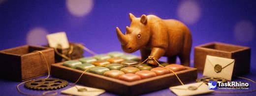 In the center sits a tidy board of colored tiles with golden threads running out to small boxes, gears and envelopes around it; the rhino ties a knot in one thread.