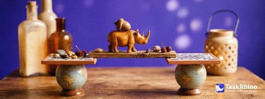A small wooden rhino carries tiles from a tray on a globe-shaped stand to a matching tray on another stand, nothing dropped on the way.