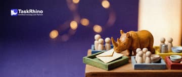 A small wooden rhino places an envelope in front of one of several small coloured trays, each holding its own group of wooden peg figures.