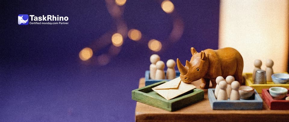 A small wooden rhino places an envelope in front of one of several small coloured trays, each holding its own group of wooden peg figures.
