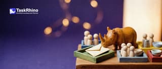 A small wooden rhino places an envelope in front of one of several small coloured trays, each holding its own group of wooden peg figures.