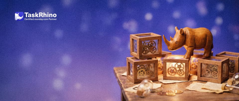 A small wooden rhino looks into one of seven open wooden crates with clear glass sides, each showing neat gears inside.