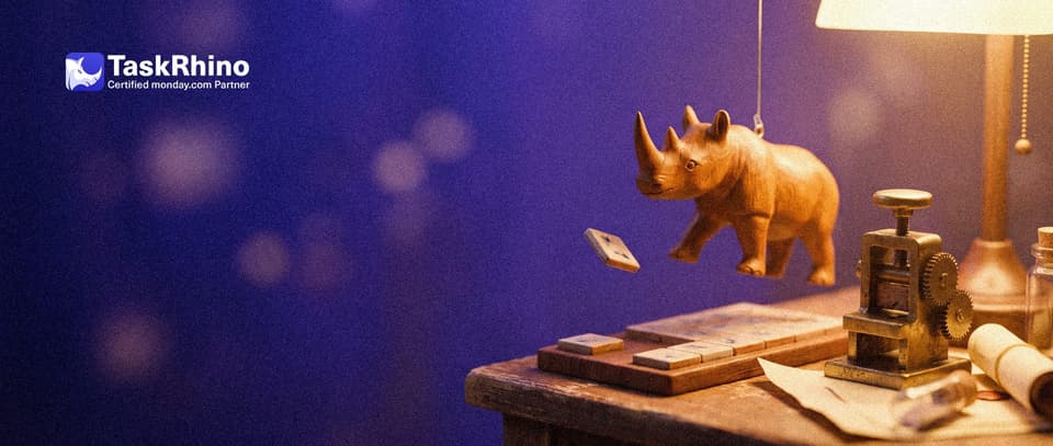 A small wooden rhino catches a duplicate tile in mid-air before it lands on a tile board beneath a small brass stamping machine.