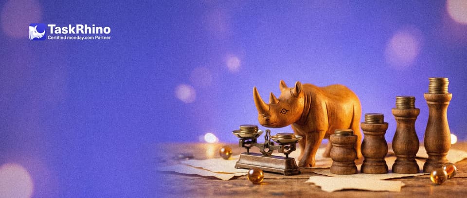 A small wooden rhino weighs coins on a tiny scale in front of four wooden pedestals of increasing height, each with a stack of brass coins.