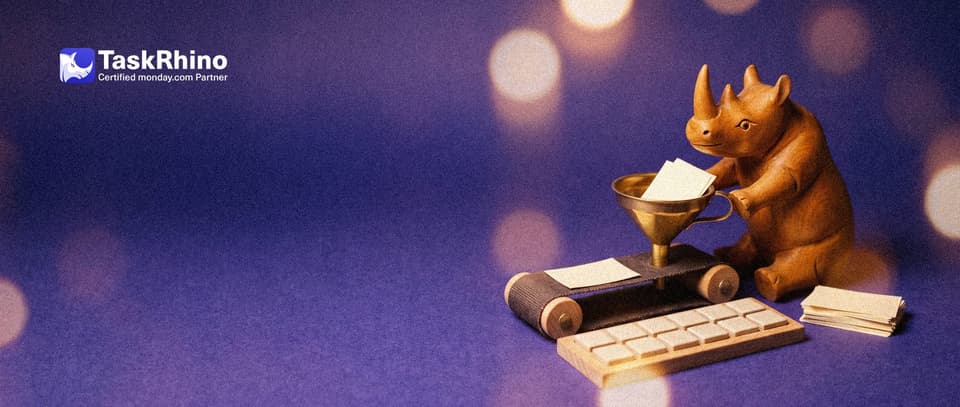A small wooden rhino operates a small brass funnel that feeds paper request cards onto a conveyor which sorts them into a tidy tile board.