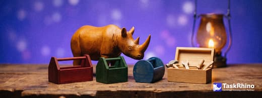 A small wooden rhino compares a row of small wooden toolboxes of different shapes and colours.