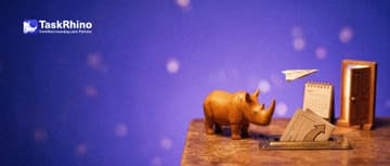 A small wooden rhino watches a paper form card slide into a brass slot and come out as a paper airplane flying toward a small desk calendar and a little open door.