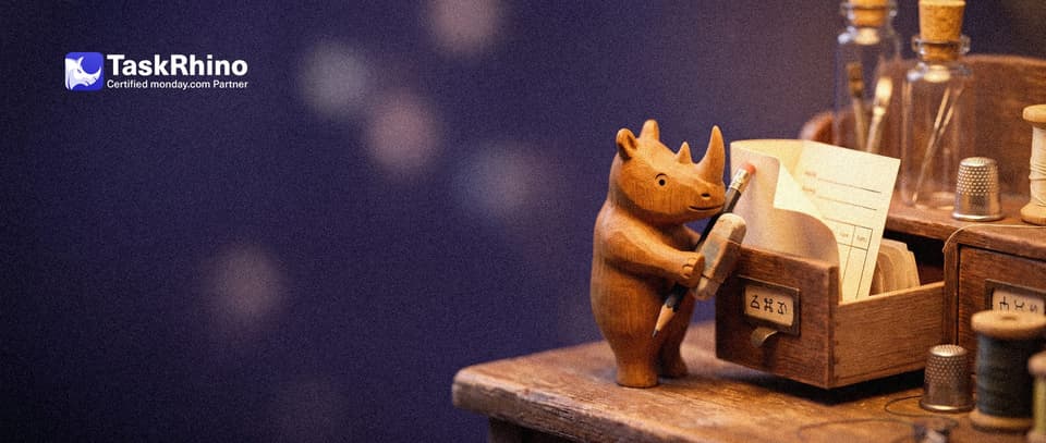 A small wooden rhino, with a pencil and eraser, reopens a paper form pulled back out of a small wooden filing drawer.