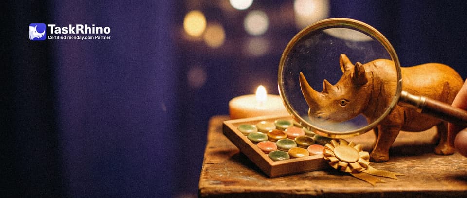 A small wooden rhino inspects a tidy board of coloured tiles through a large brass magnifying glass, a small gold rosette ribbon beside it.