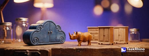 A small wooden rhino looks past a heavy ornate cabinet towards three smaller, lighter wooden cabinets.