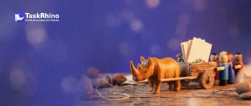 A small wooden rhino pulls a small wooden cart of task cards at the front of a line of tiny wooden peg figures who all help push it.