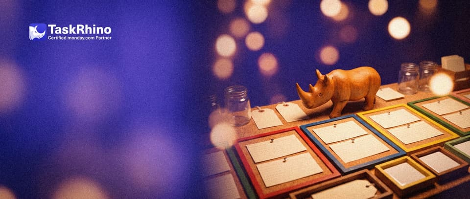 A small wooden rhino walks along a row of small cork boards, each with index cards pinned in columns and a different coloured wooden frame.