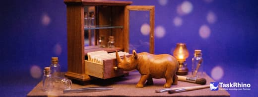 A small wooden rhino slides drawers of index cards into an open wooden cabinet with glass shelves, tiny tools laid out around it.