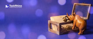 A small wooden rhino inspects an open wooden crate with glass sides full of neat index cards and gears through a brass loupe.