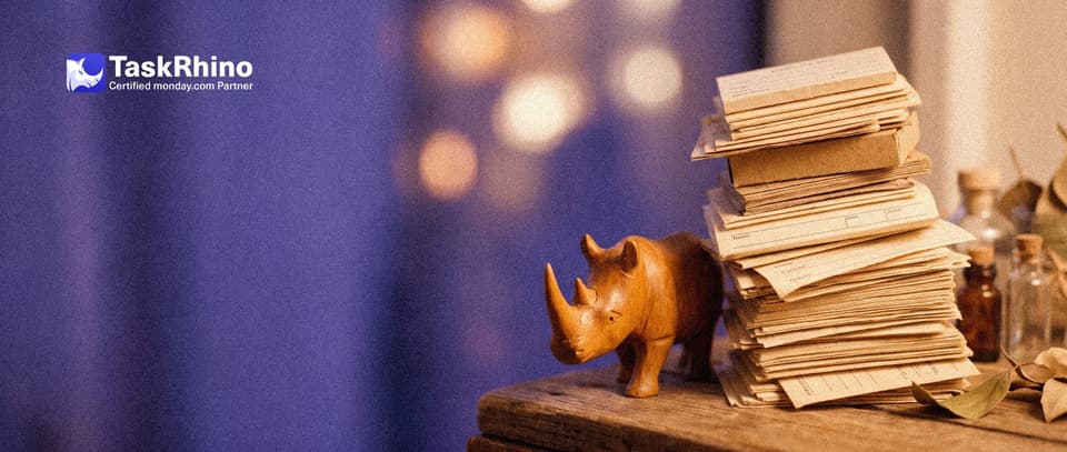 A small wooden rhino braces a huge towering, wobbling stack of paper form cards with its body.