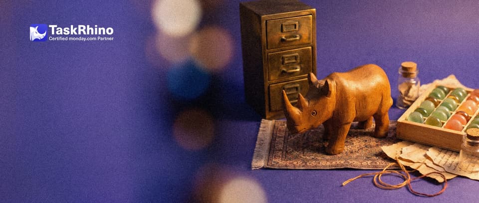 A small wooden rhino stands on a rug between a heavy formal brass filing cabinet and a tidy board of coloured tiles.