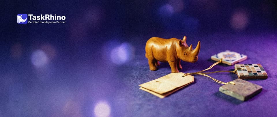 A small wooden rhino stands where one paper form card splits into three golden threads fanning out to three small tile boards.